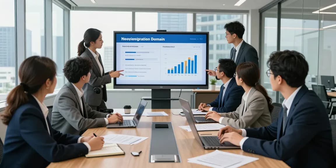 Professionals collaborating on a new registration domain list in a modern conference room, showcasing teamwork.