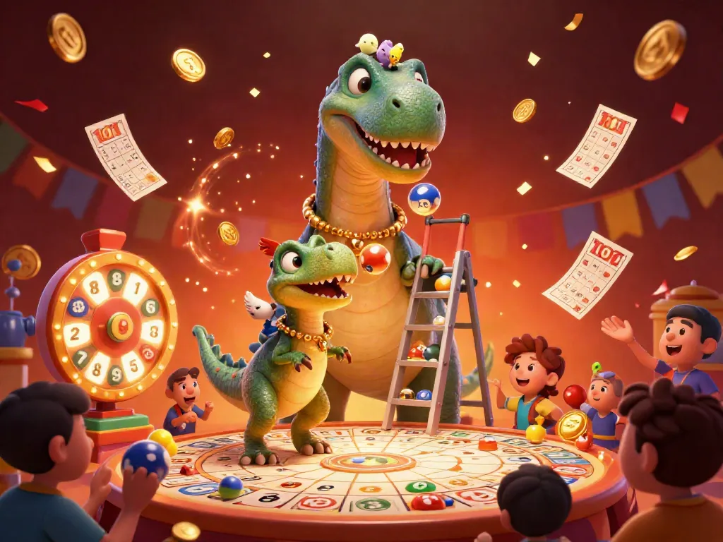 Experience the dynamic Bingo 101 apk scene with a giant brontosaurus and raptor amidst vibrant game elements.