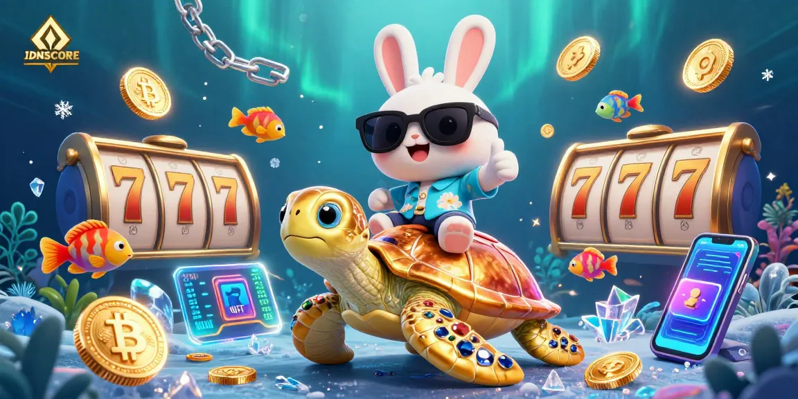 Experience exciting slot games with IDNSCORE in a vibrant underwater world featuring a lucky rabbit and sea turtle.