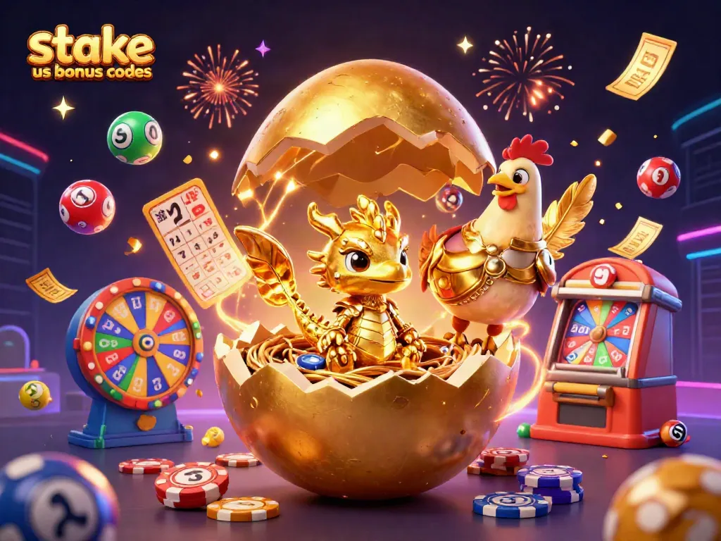Win with stake us bonus codes in a vibrant, dynamic 3D casino illustration bursting with action.