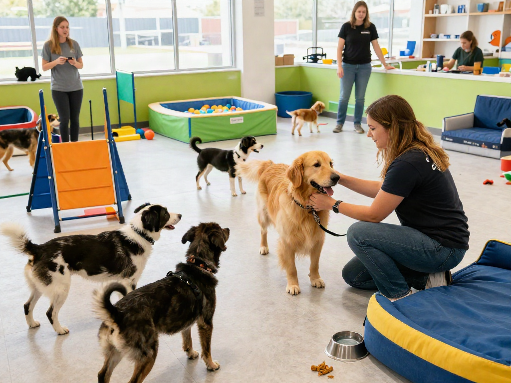 Excited dogs at a vibrant daycare, showcasing slot depo 10k benefits for pet owners.