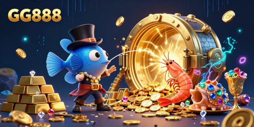 Engage with the vibrant GG888 world of gambling through a 3D illustration featuring an anglerfish, shrimp, and snail amid treasures.