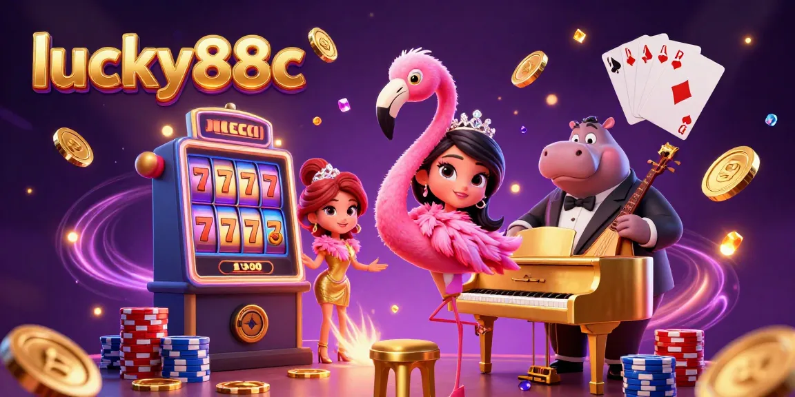 Engage with lucky88c's vibrant casino scene featuring a flamingo lounge singer and slot machines.