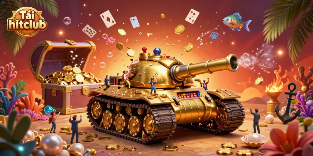 Tải hitclub reveals a vibrant casino scene with lively characters, gold coins, and sparkling underwater treasures, creating an exciting gambling atmosphere.