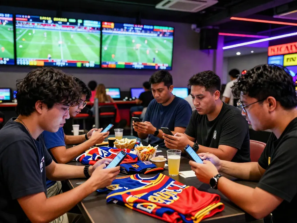 Penggemar taruhan dengan semangat melihat 7meter daftar di layar besar, suasana meriah dengan makanan ringan.