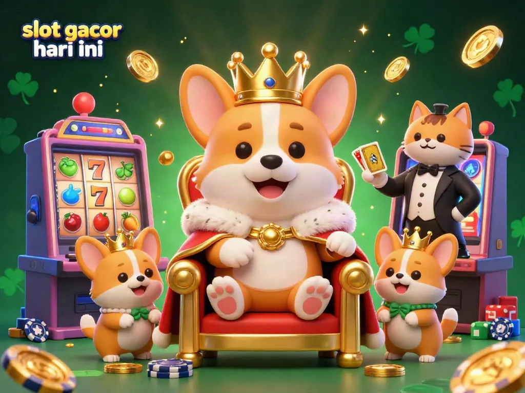 Gambarkan slot gacor hari ini dengan corgi kerajaan duduk di takhta chip poker dikelilingi simbol slot berwarna dan jackpot.