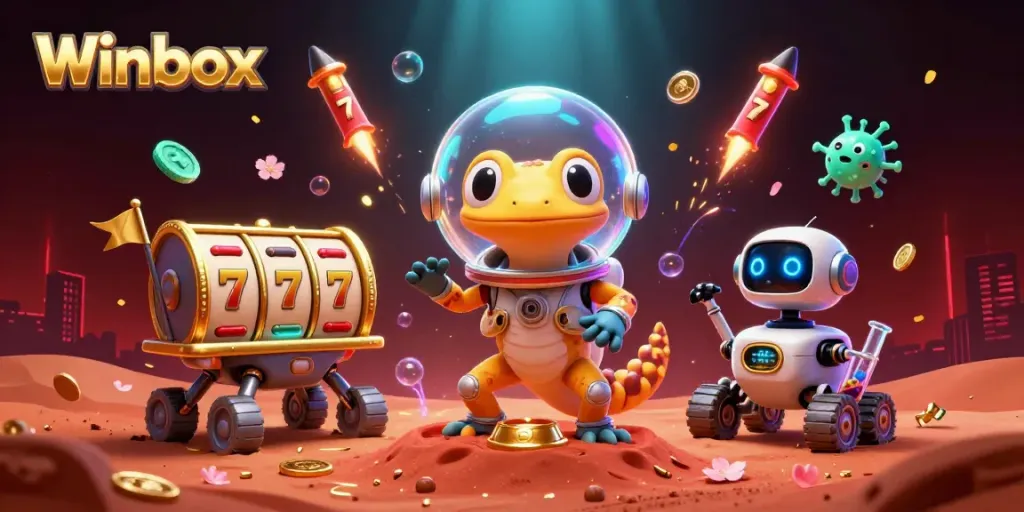 Winbox slot gaming adventure featuring a Martian gecko and robot discovering a golden casino.