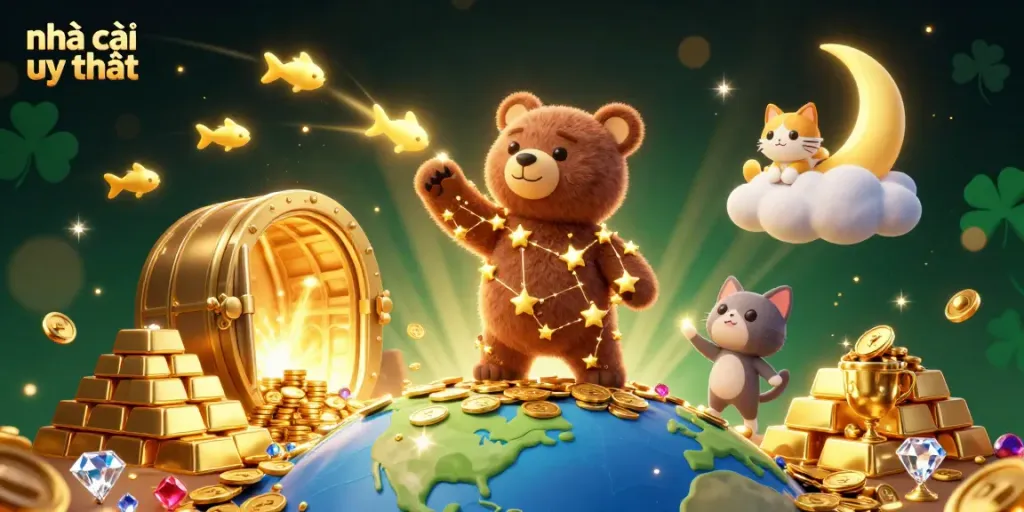Engage with the vibrant scene of nhà cái uy tín, where a constellation bear scoops coins from Earth amidst sparkling treasures.