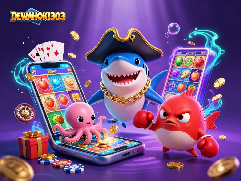 Menyaksikan keseruan DEWAHOKI303 dengan hiu bajak laut 3D, ikan puff merah, dan bayi gurita berbagi koin di dunia slot online.