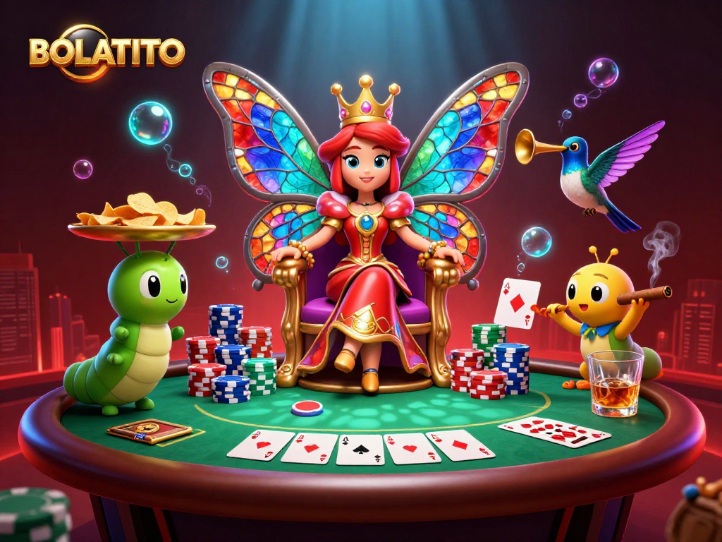 BOLATOTO players enjoy a vibrant casino scene with a butterfly queen and poker elements.