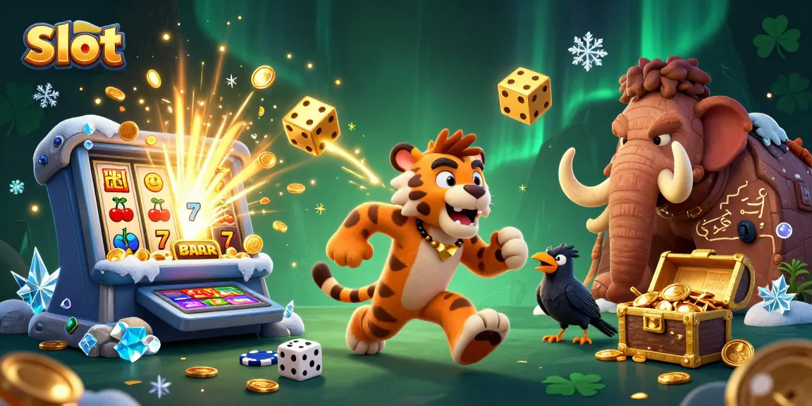 Slot gacor menarik dengan karakter kasino prasejarah dan simbol keberuntungan.