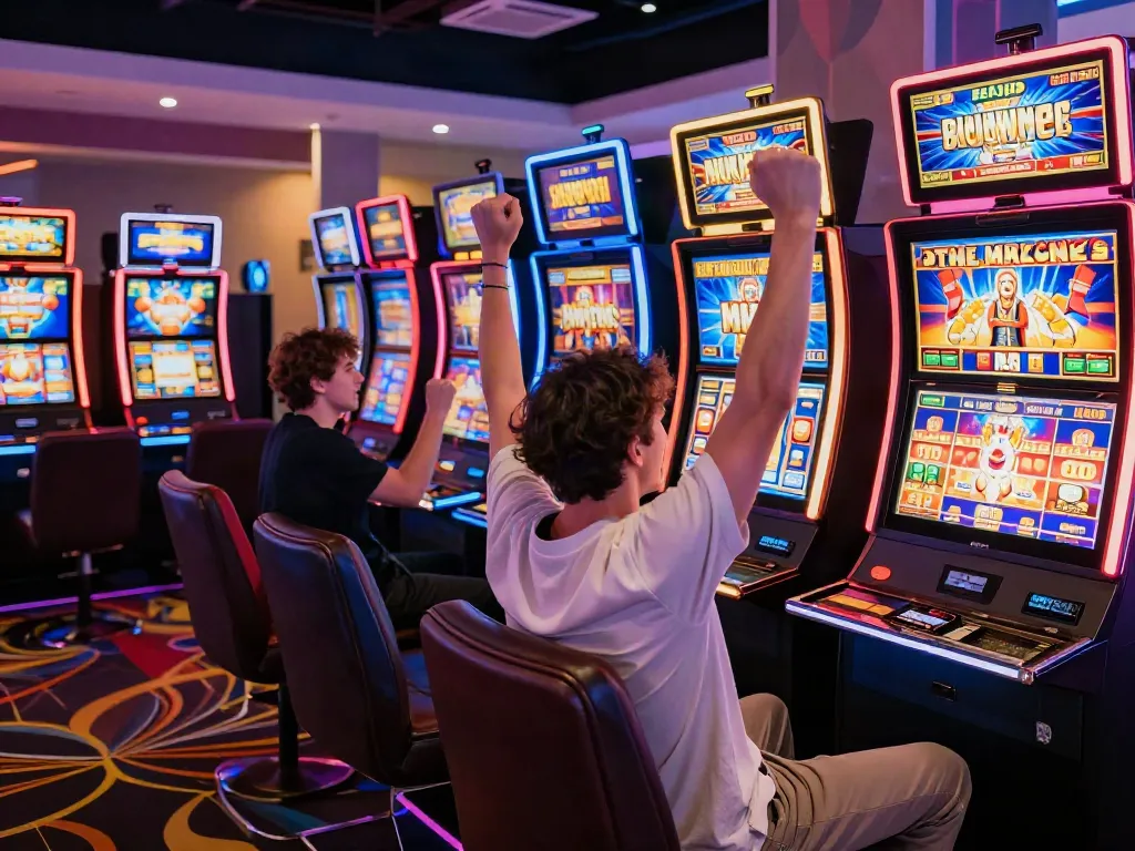 Akunjp player celebrating a big win in a vibrant casino gaming environment with colorful slot machines and joyful ambiance.
