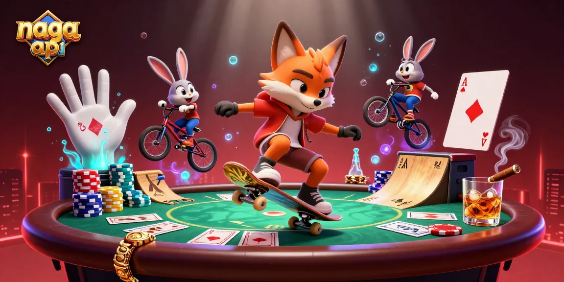 Skateboarding fox performing tricks over golden poker chips in a vibrant casino scene with naga api branding.