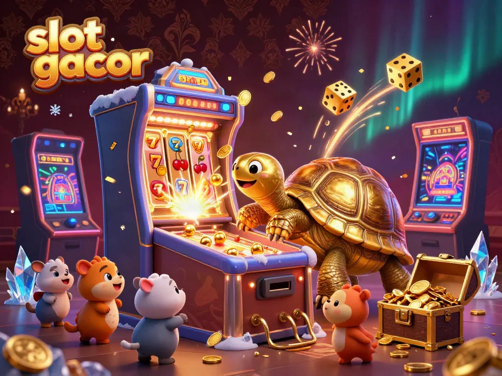 Exciting slot gacor scene with vibrant animals, golden tortoise, and jackpot burst.