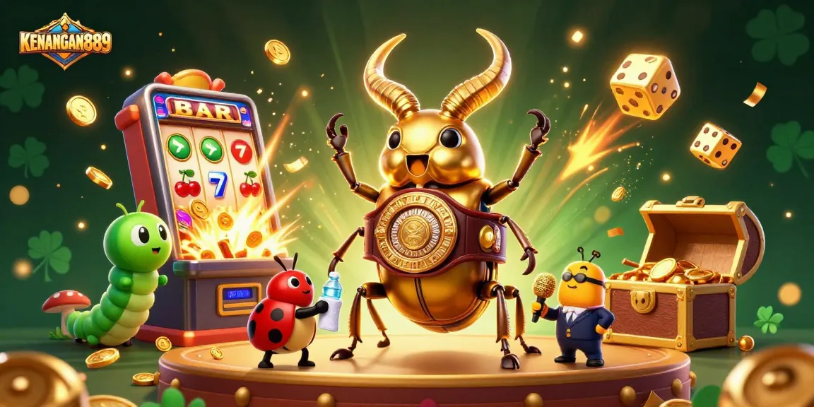 Win big with KENANGAN889 while enjoying online slots illustrated in a vibrant 3D scene.