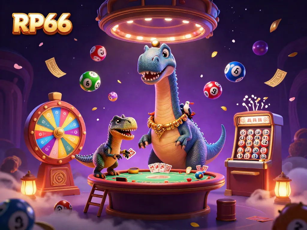 Experience excitement at RP66 with a vibrant casino scene featuring a playful brontosaurus dealing cards.