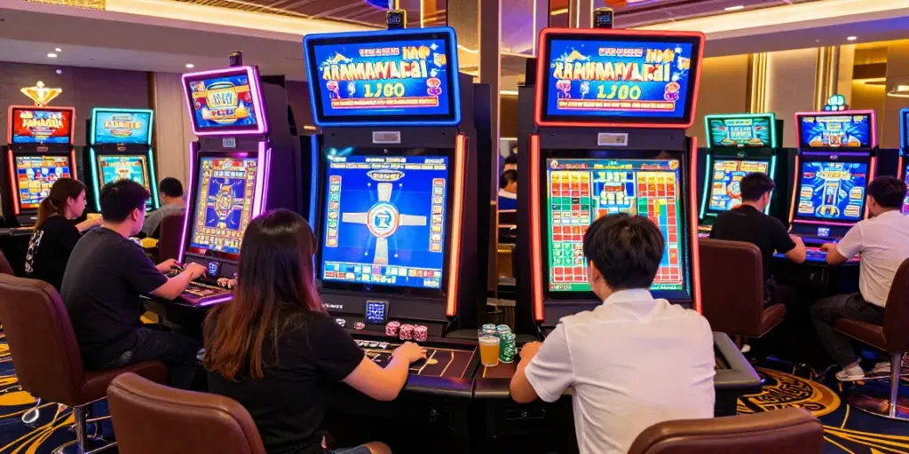 Mesinmpo dengan koleksi mesin slot mahjong yang berwarna-warni, pemain terlibat dalam permainan di kasino.