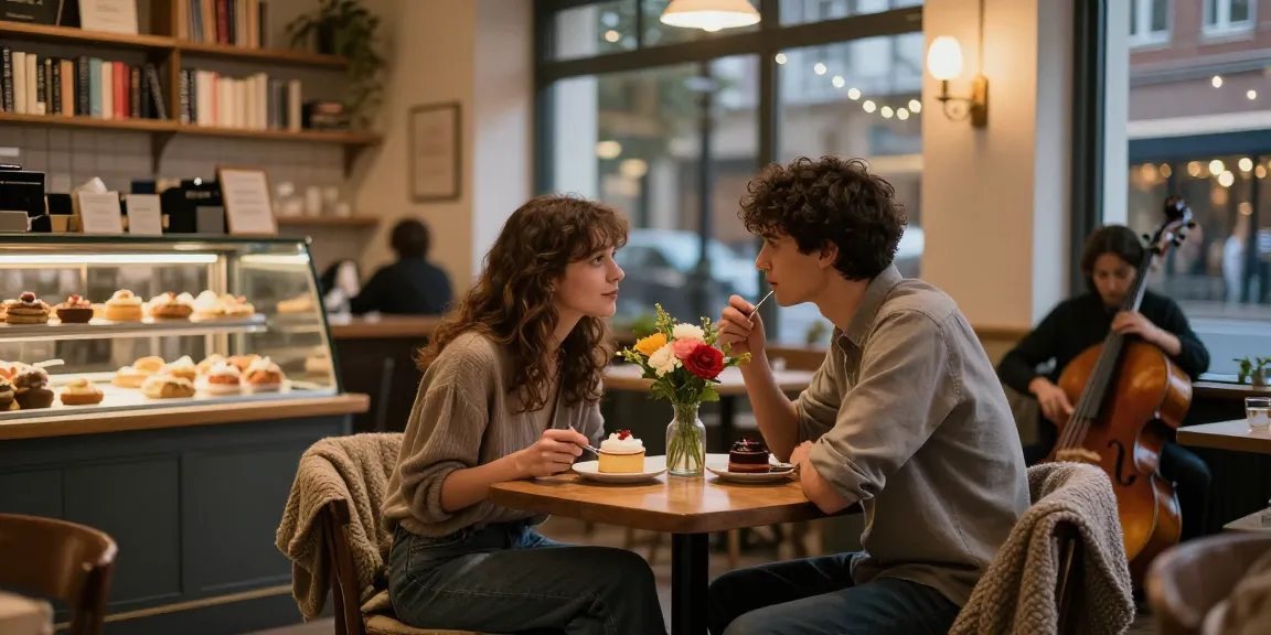 Young couple sharing dessert in a cozy café, caught in a moment when you crush on someone.