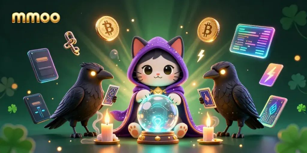 Engage with mmoo's captivating casino-themed scene featuring mystical characters and vibrant cryptocurrency elements.