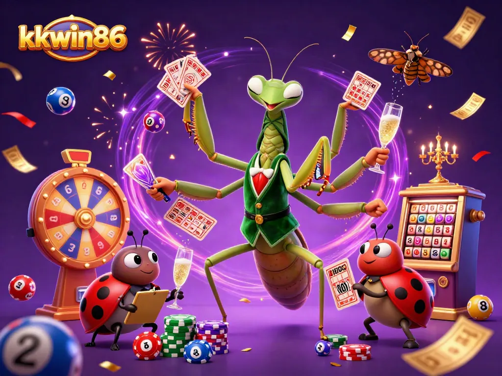 Engage with kkwin86 as the giant mantis card sharp pours champagne and shuffles winning lottery balls.