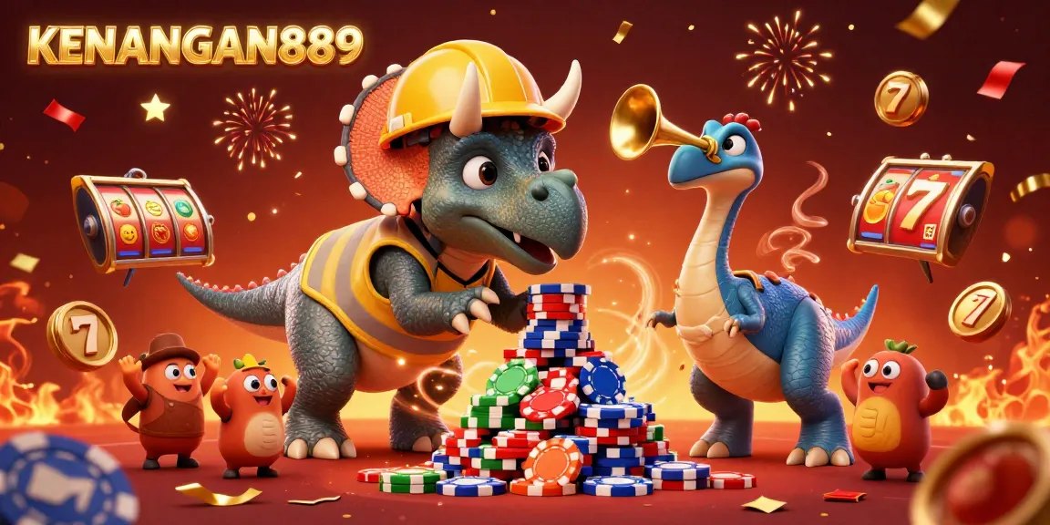 Join the exciting jackpot celebration with KENANGAN889 as colorful fruit symbols and slot reels soar around the cheerful dinosaurs.