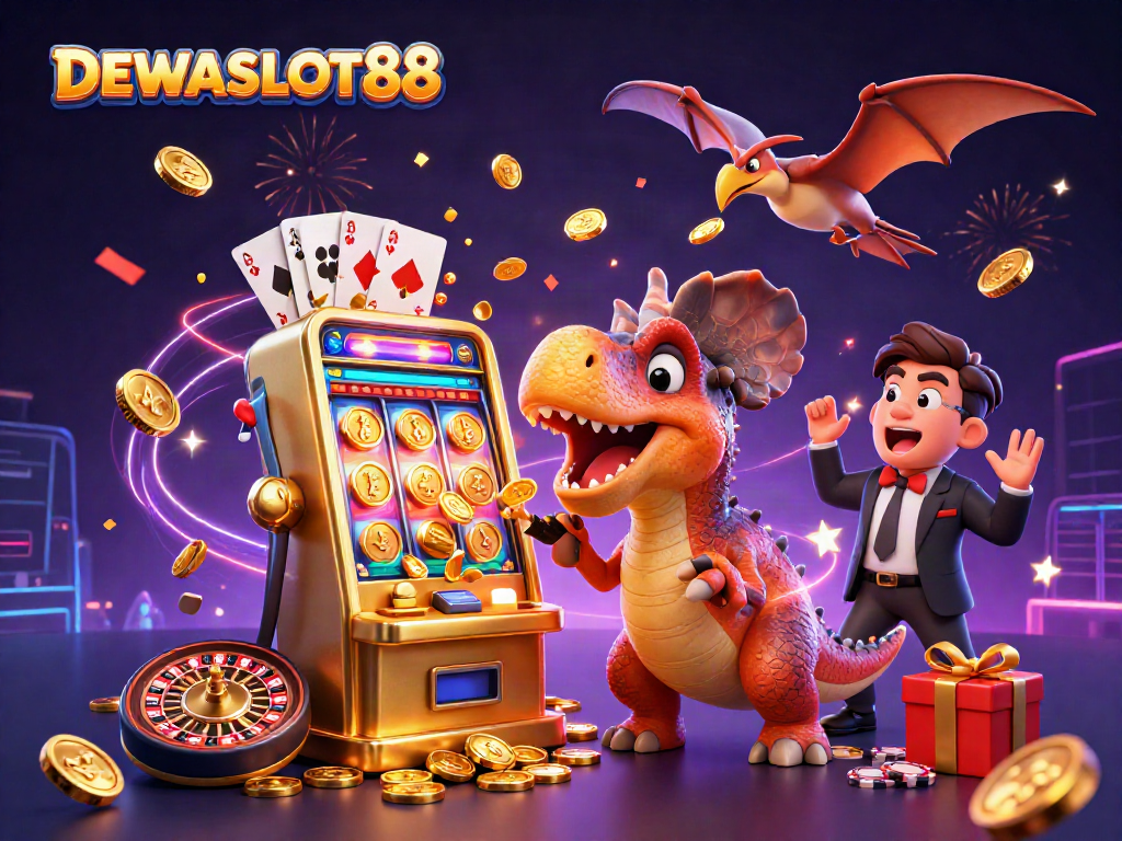 Spin the DEWASLOT88 slots with a dinosaur jackpot extravaganza and flying coins!