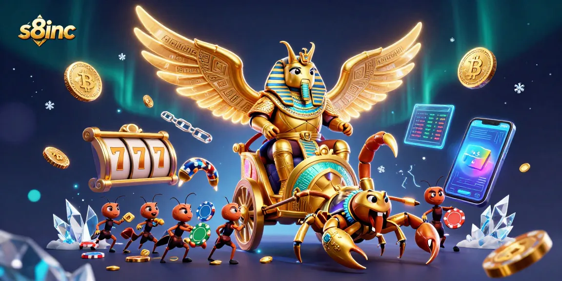 S8inc delivers exciting gaming action with golden beetle characters spinning slot reels and poker chips.