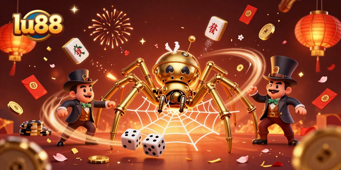 Experience the thrill of gaming with lu88 as a golden spider catches dice in a vibrant casino setting.
