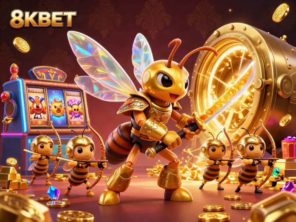 Experience 8KBET's dazzling gaming universe with a golden hornet warrior and bee archers amidst a treasure-filled casino.