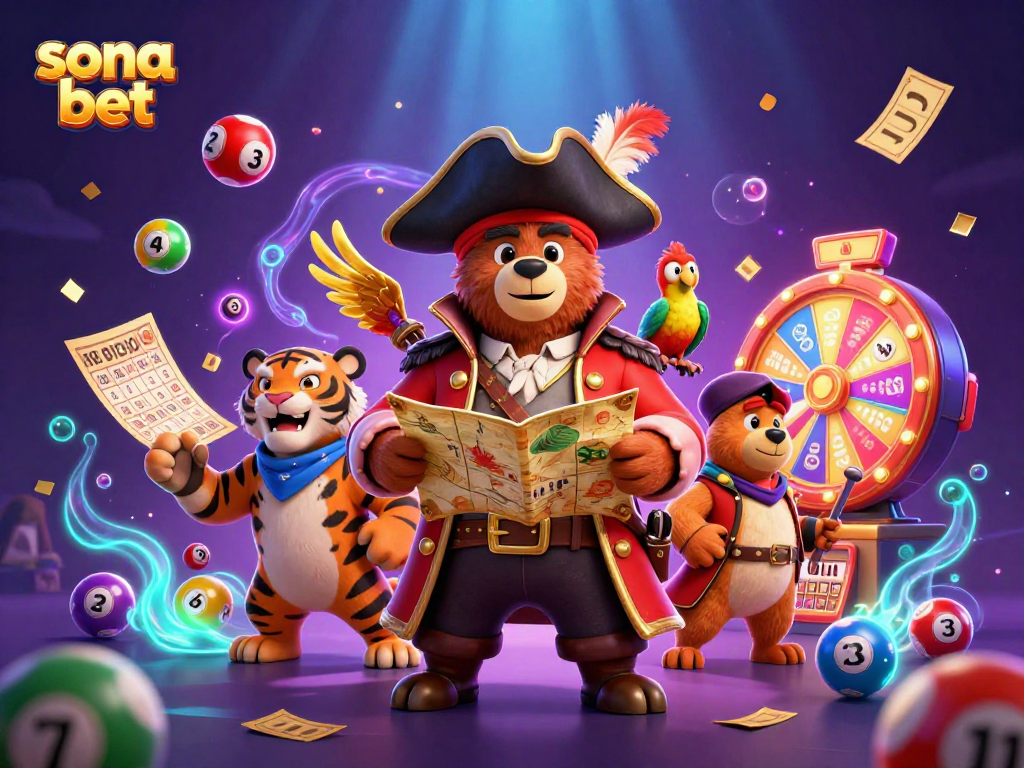 Sona bet showcases a vibrant gambling scene with a pirate bear, tiger, and parrot, surrounded by lottery elements.