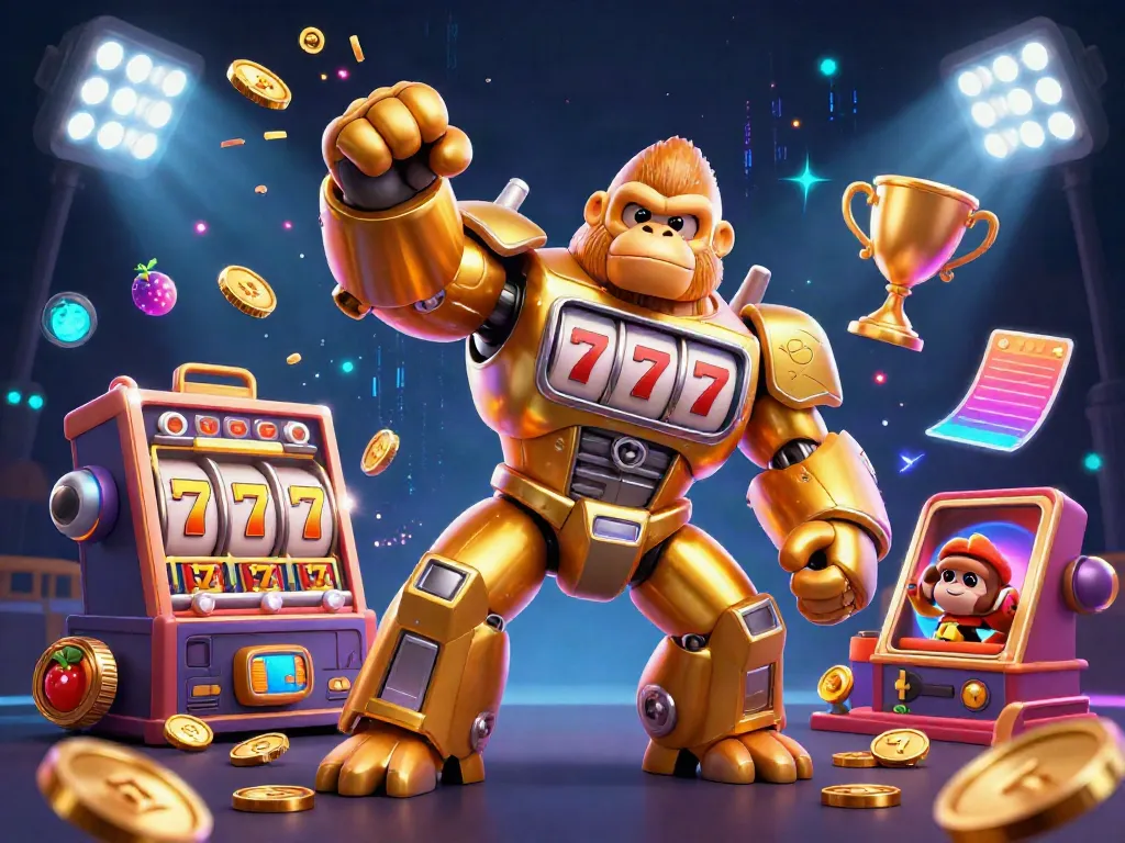 Engage with a dynamic scene showcasing a safe online casino Australia featuring a golden gorilla mech with slot machine parts and jackpot action.