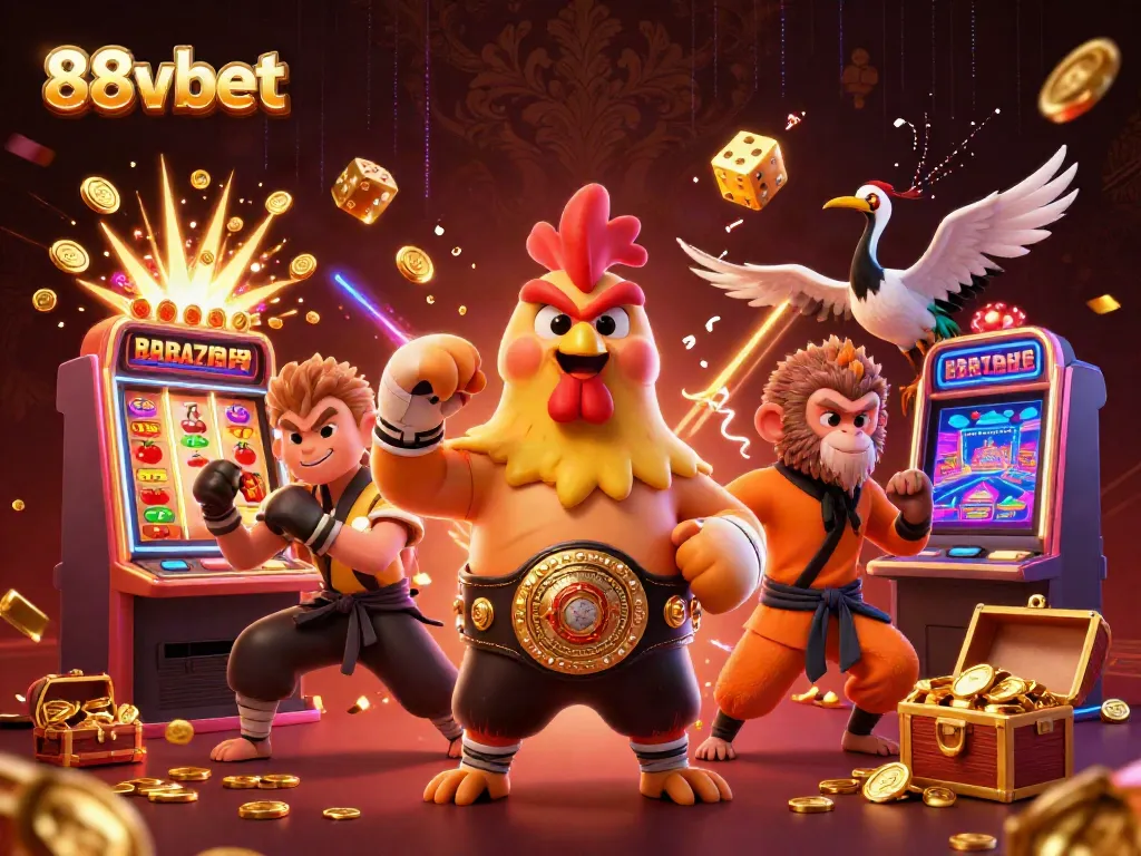 Experience thrilling wins at 88vbet with dynamic illustrations of casino excitement, slot machines, and martial arts characters.