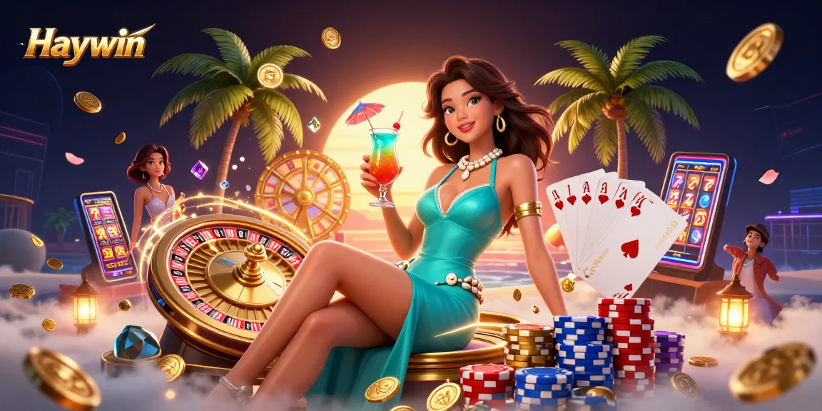 Play exciting games at Haywin casino, featuring vibrant scenes with roulette, slots, and festive elements.