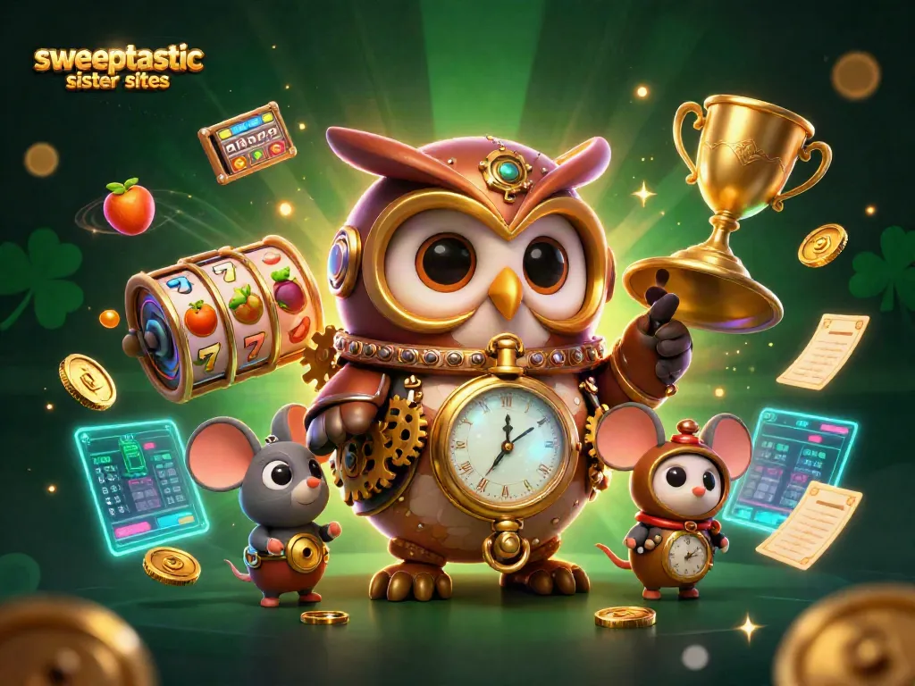 Sweeptastic sister sites showcase the adventurous owl and mouse amid colorful slot games and golden coins.