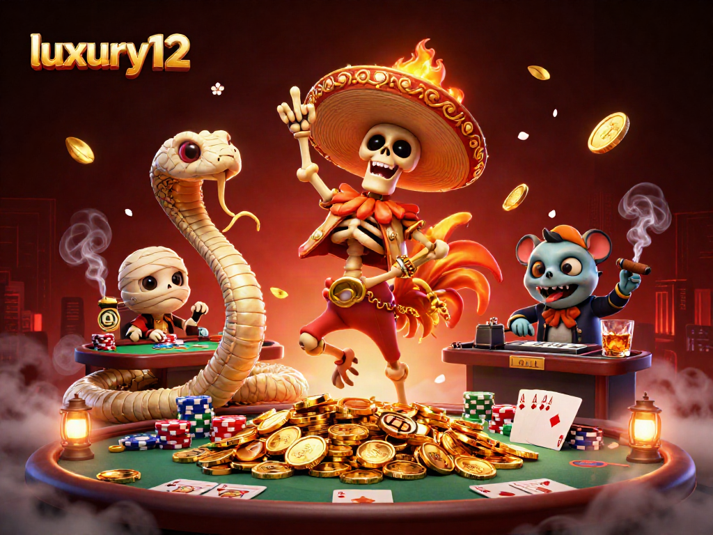 Engage in thrilling poker at luxury12's vibrant casino scene featuring colorful characters and dynamic game elements.