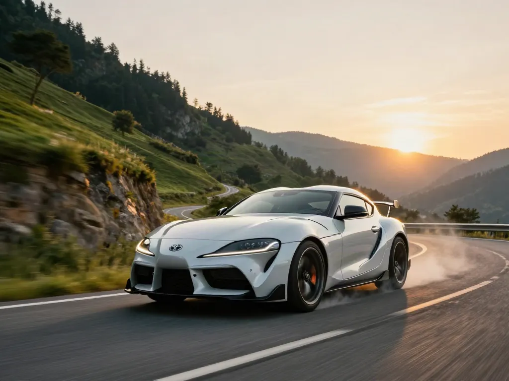 Exciting action shot of the A80 platform Toyota Supra racing on a scenic mountain road, showcasing its speed and dynamic design.