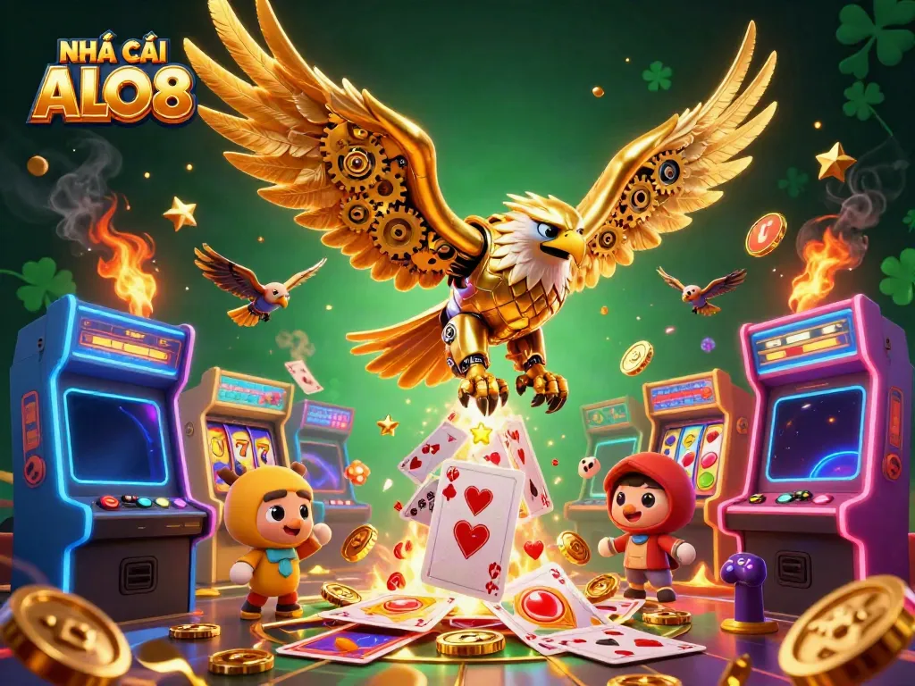Experience the thrill at NHÀ CÁI ALO8 with a golden cybernetic eagle diving through playing cards amidst vibrant casino elements.