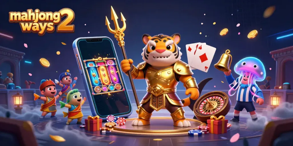 Engage with mahjong ways 2 in a vibrant 3D scene featuring a shark champion and dynamic gaming elements.