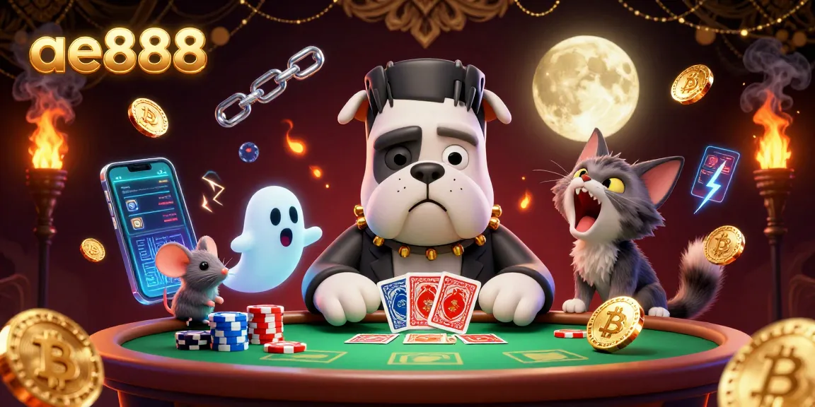 Join the excitement at ae888 with a Frankenstein bulldog dealer and ghostly elements in a vibrant casino scene.