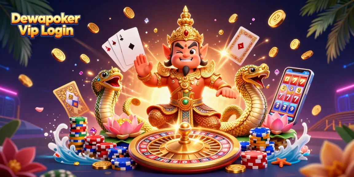 Dewapoker Vip Login showcasing vibrant 3D casino scene with guardian, Naga serpents, and poker elements.