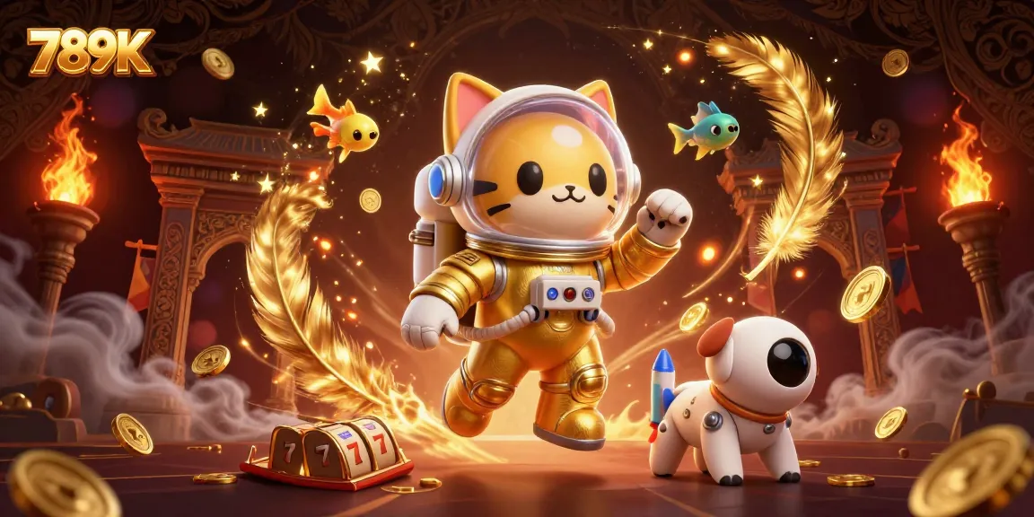 Engage with exciting games at 789K, featuring a vibrant illustration of a space cat and robotic dog in a bustling casino.