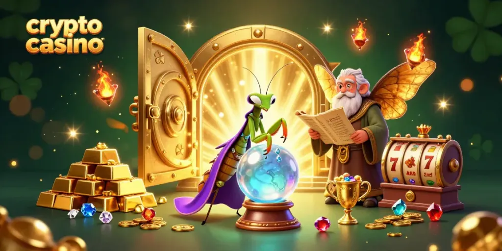 Engage with the crypto casino as a wise moth guides you through vibrant treasures and mystical elements.