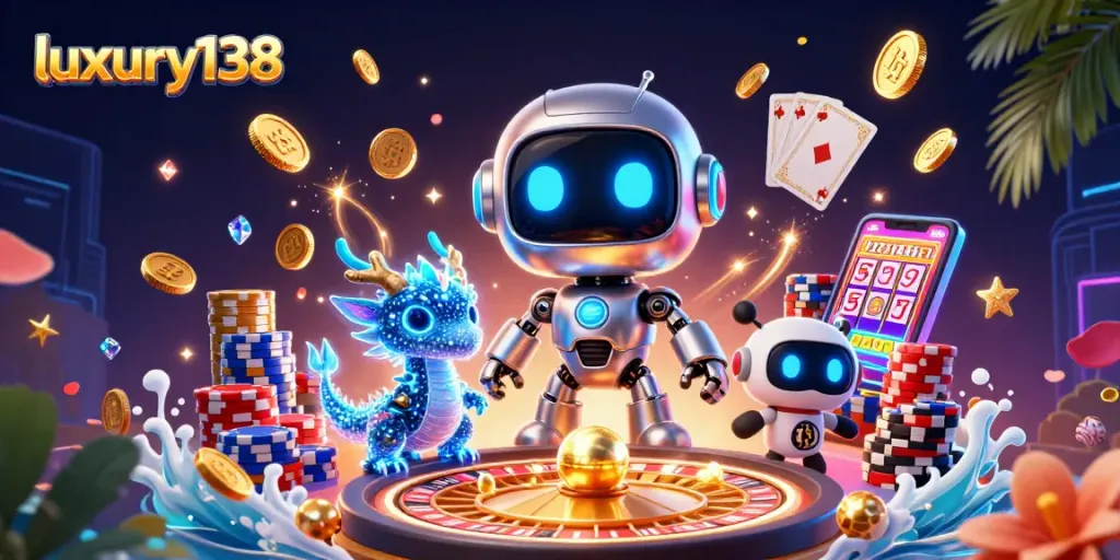 Experience luxury138 online gaming with a vibrant 3D illustration showcasing thrilling casino elements.