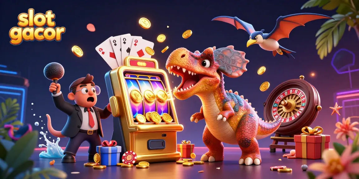 Experience slot gacor excitement with a dinosaur headbutting a jackpot slot machine in a vibrant casino scene.