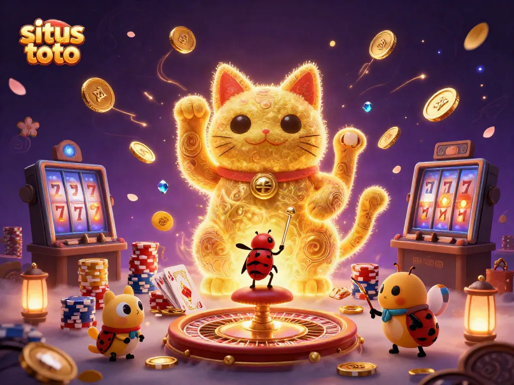Engage with situs toto's vibrant online gambling world featuring a golden cat, cards, and coins.