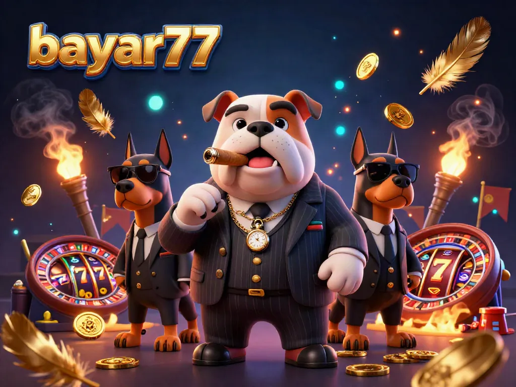 Engage with bayar77 casino games featuring a mafia boss bulldog and Doberman bodyguards in a vibrant casino setting.
