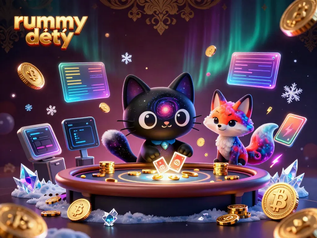 Rummy Deity menampilkan kucing lubang hitam 3D dan rubah nebula di kasino, menarik chip emas