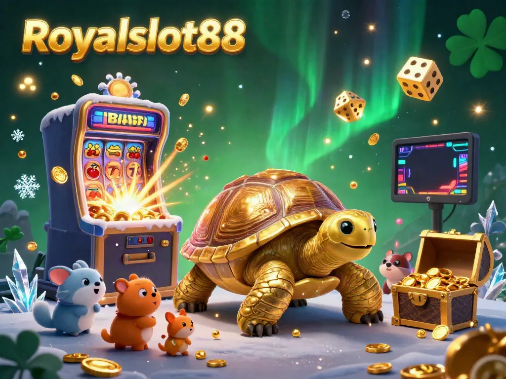 Gambarkan permainan slot seru di Royalslot88 dengan karakter kura-kura emas dan mesin slot meledak.