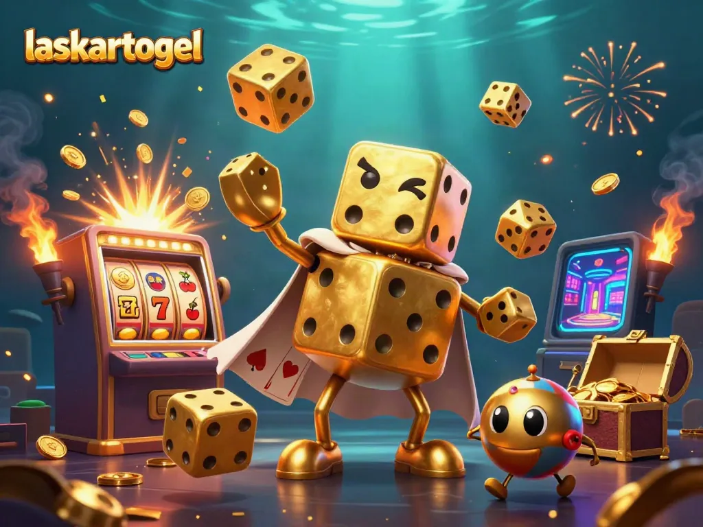 Experience the thrill of laskartogel with golden dice and a jackpot explosion in this vibrant 3D scene.