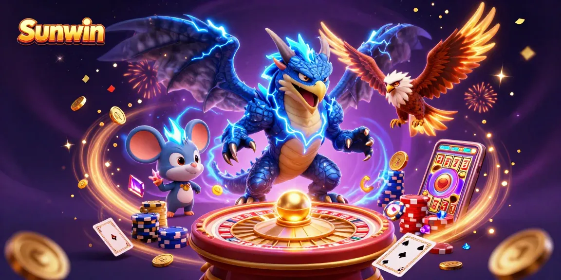 Experience thrilling gameplay at Sunwin with a vibrant scene of animated characters amidst sparkling casino treasures.